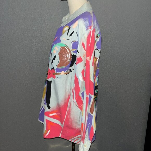 KOLORWAY Hand Painted Denim Button Down New Orleans Jazz Mardi Gras Shirt Top - Picture 5 of 10